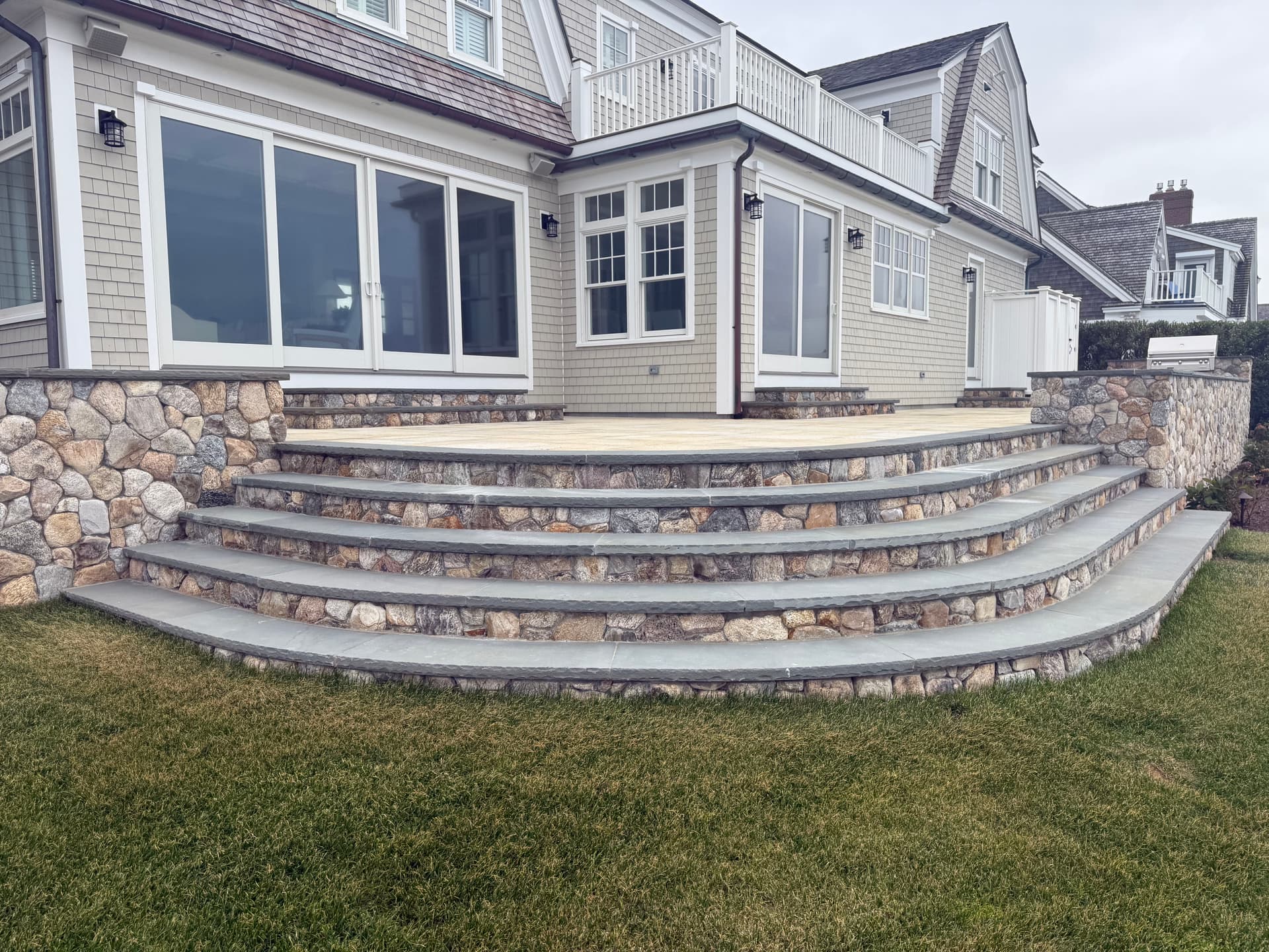 New England Stone Steps and Tiered Patio with Coastal Views in Dennis MA