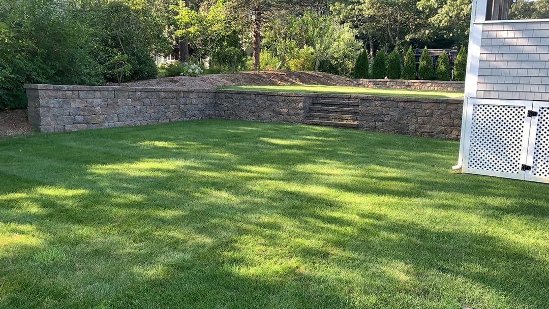 Lush green lawn with stone wall and landscaped steps in residential backyard.