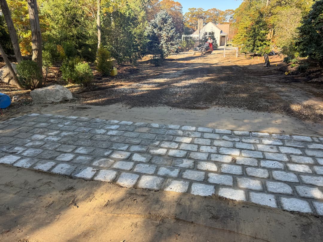 Paved stone pathway in a garden with trees, leading to a house in the background.